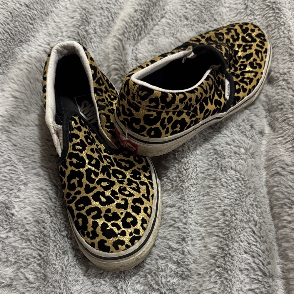 Vans Kids Gold and Black Leopard Slip-On Sneakers
